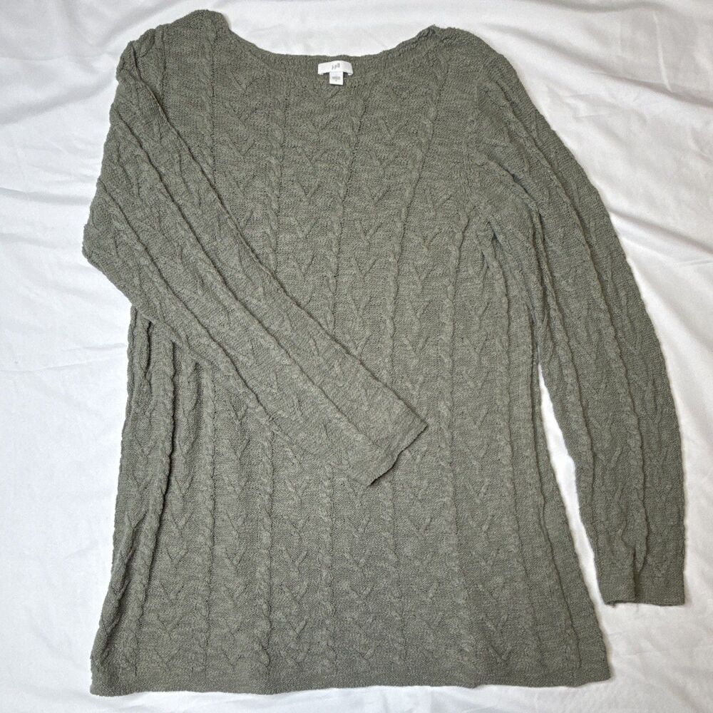 J. Jill Sage Green Cable Knit Tunic Sweater Cotton Blend Scoop Neck Solid Size L